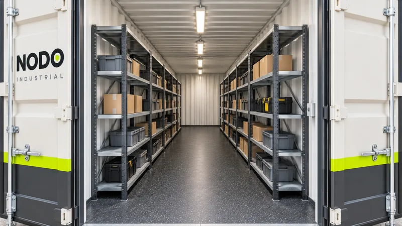 Interior del depósito de 20 pies con las puertas abiertas: estanterías metálicas en los dos costados cargadas con cajas y cofres, piso reforzado y luminarias LED a lo largo del techo