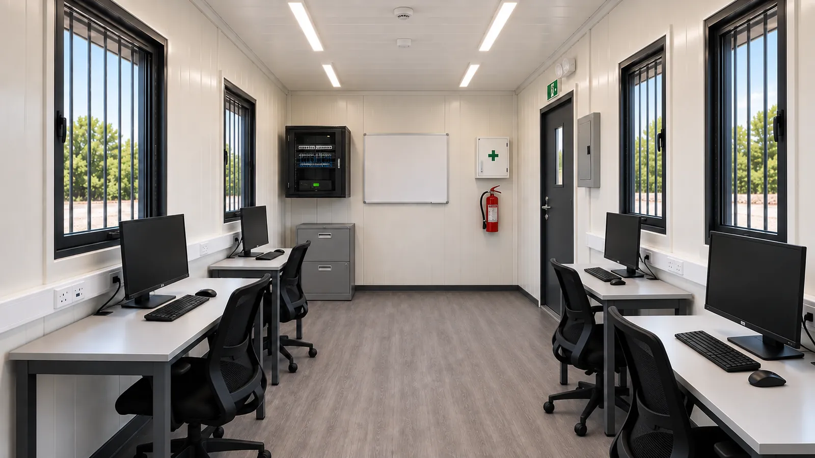 Interior del módulo de oficina: puestos de trabajo enfrentados, rack de comunicaciones, pizarra, botiquín, extintor y salida señalizada